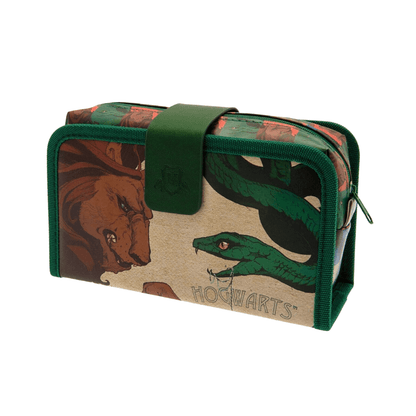 Green and brown rectangular pouch with 'Hogwarts' branding on a white background