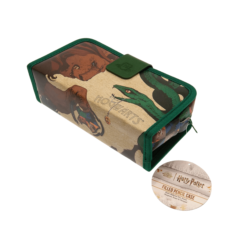 Pencil case with Harry Potter design featuring a snake and text, on a white background.