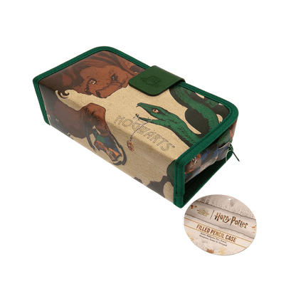 Pencil case with Harry Potter design featuring a snake and text, on a white background.