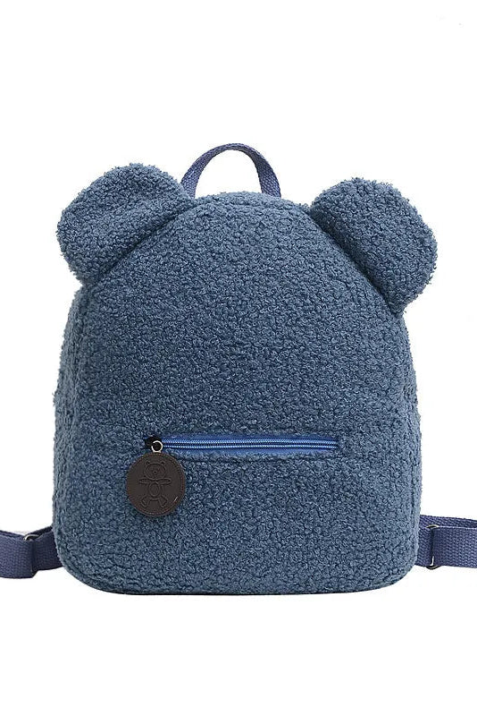 Blue backpack with bear ears on a white background