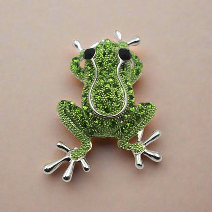 Green Rhinestone Crystal Frog Brooch - Silver