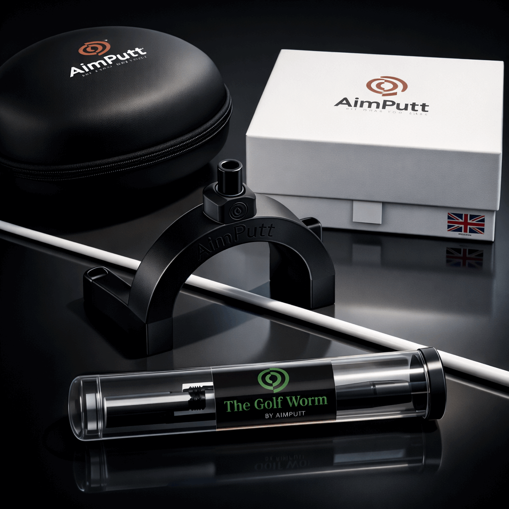 AimPutt golf putter accessories including a black case, white box, and clear tube on a reflective surface.