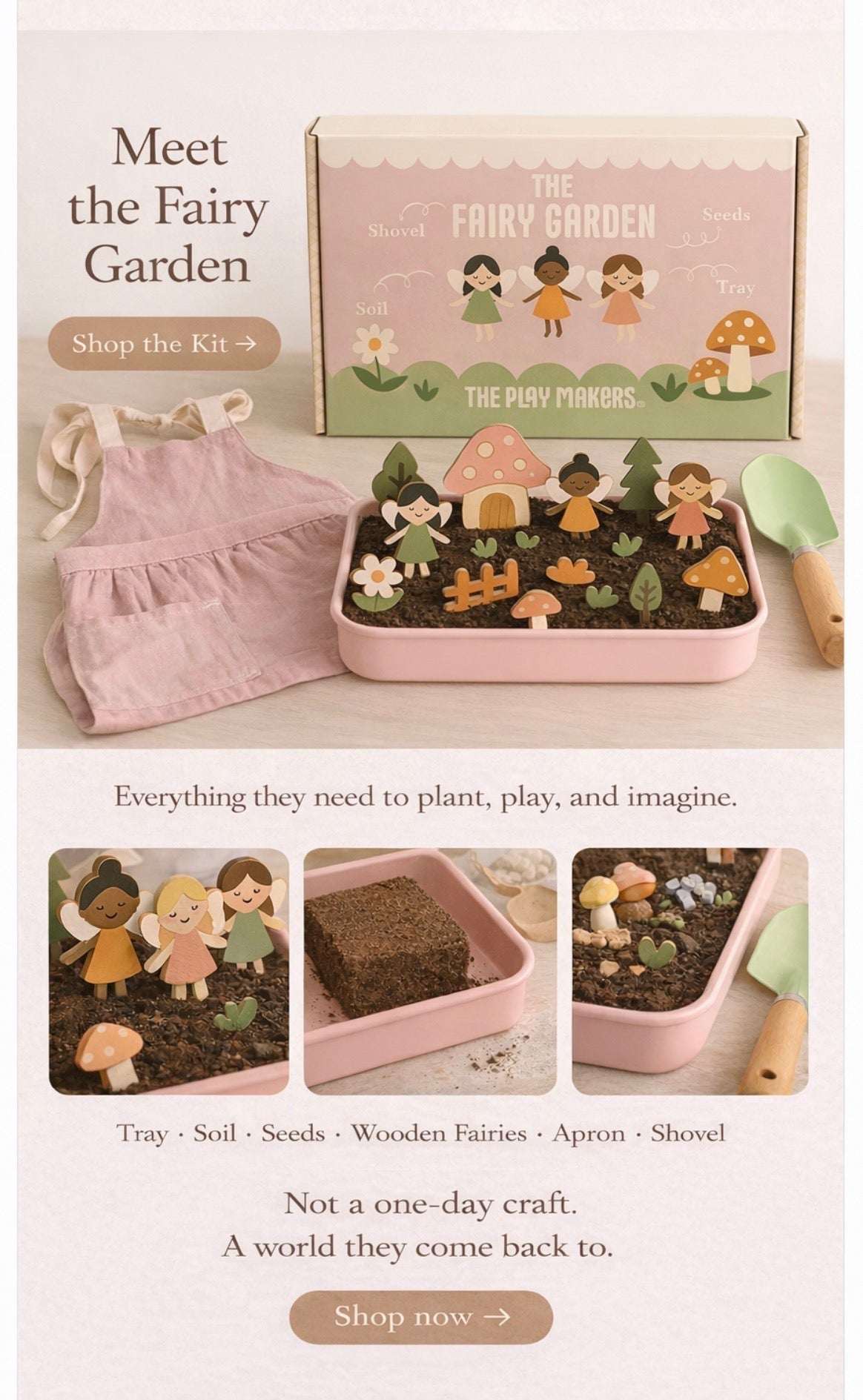 Fairy garden kit with pink apron, tray, soil, wooden fairies, and shovel on a white background.