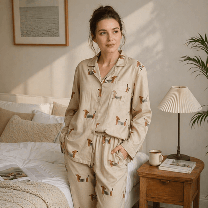 Women wearing pyjamas in a bedroom set up 