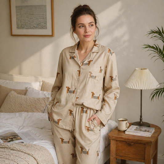 Women wearing pyjamas in a bedroom set up 