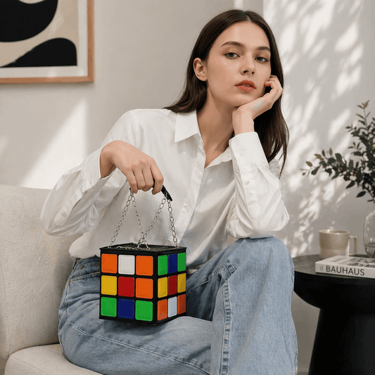 Woman holding Rubik cube bag in a living room