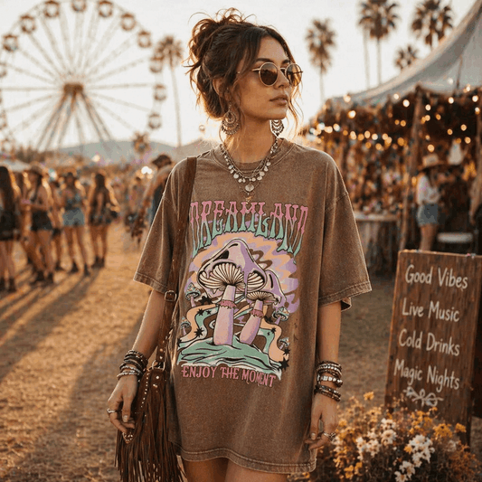 Woman wearing a graphic t-shirt at a music festival with a ferris wheel in the background