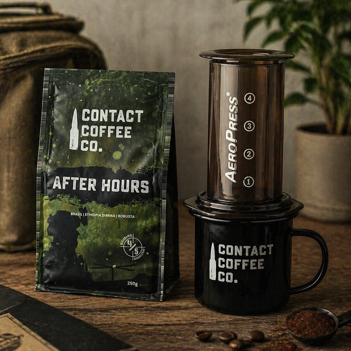 Contact Coffee Co. After Hours coffee package and Aeropress coffee maker on a wooden surface.
