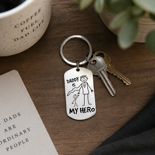 Keychain with 'Daddy is my hero' tag on a wooden surface with a coffee mug and book.