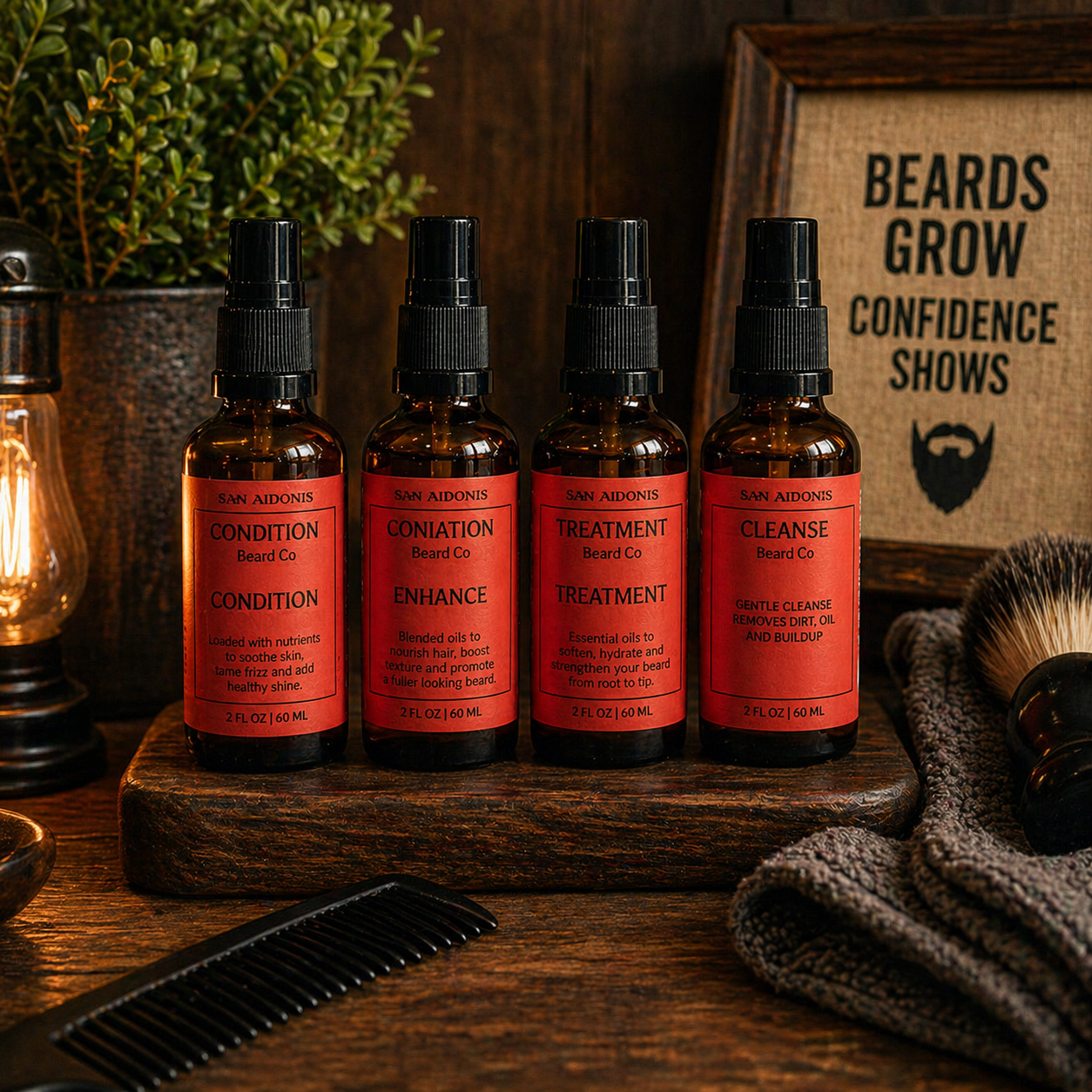 Set of beard care products on a wooden tray with decorative items in the background.