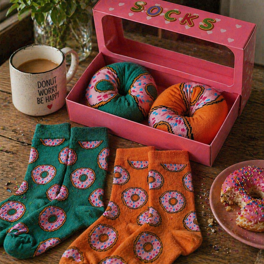 Colorful donut-themed socks in a pink box on a wooden table with a cup of coffee and a plate of donuts.