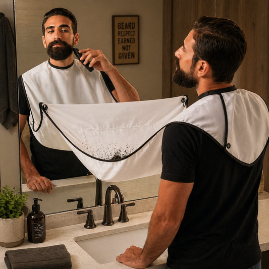 Man grooming with a beard trimmer in a bathroom using a white bib.