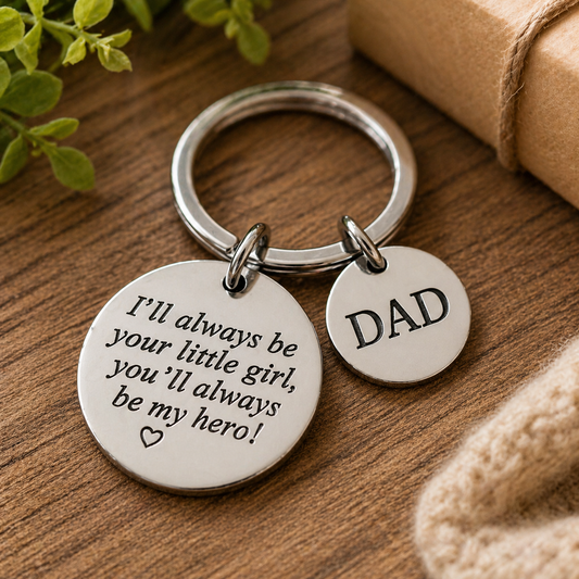 Keychain with 'DAD' and 'I'll always be your little girl, you'll always be my hero!' text on a wooden surface.