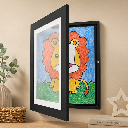 Framed children's drawing of a lion on a wall with decorative items.