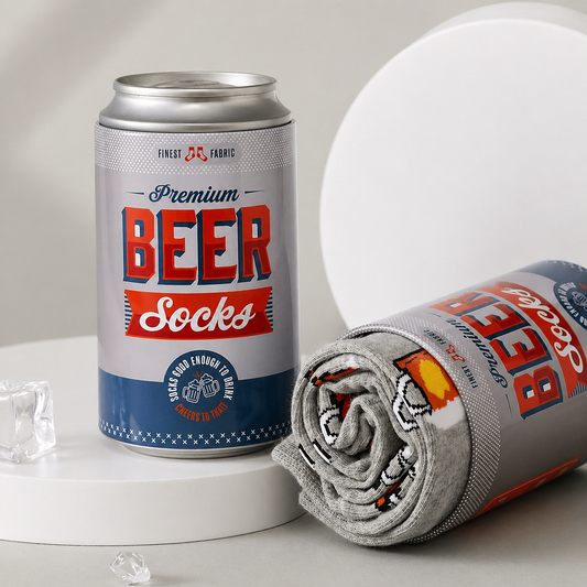 Can of 'Premium Beer Socks' with a rolled-up sock next to it on a light background
