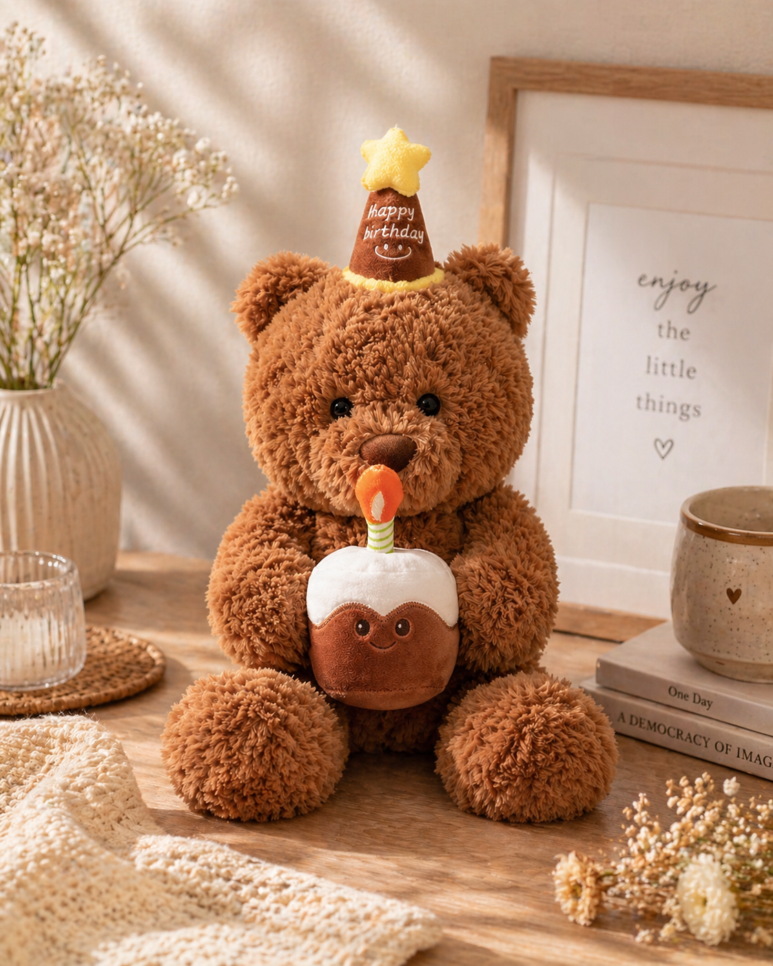 Brown teddy bear with a birthday hat and candle on a wooden surface.