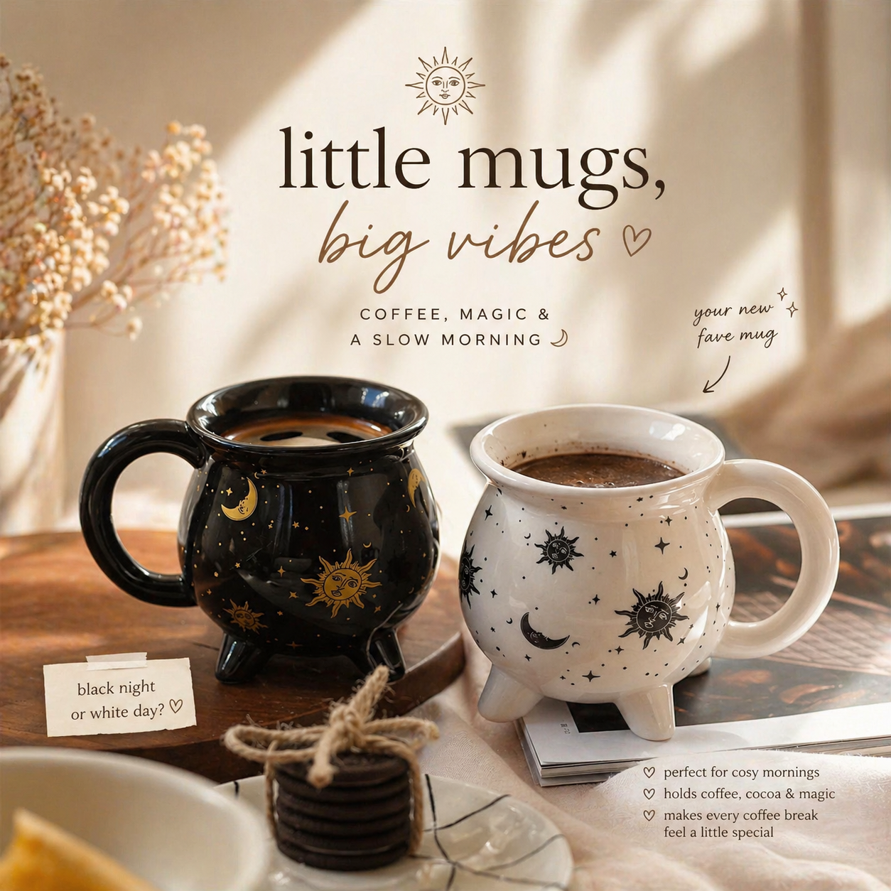 Two mugs with celestial designs on a table with a cozy background.