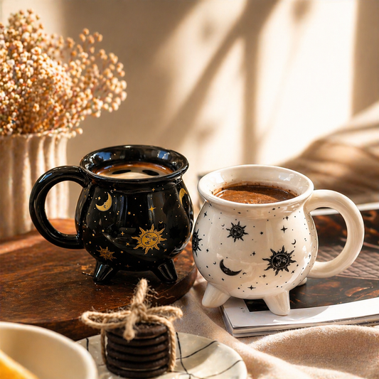 Two mugs, one black with celestial designs and one white with similar designs, on a wooden surface.