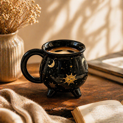 Black ceramic mug with celestial design on a wooden table with a warm ambiance