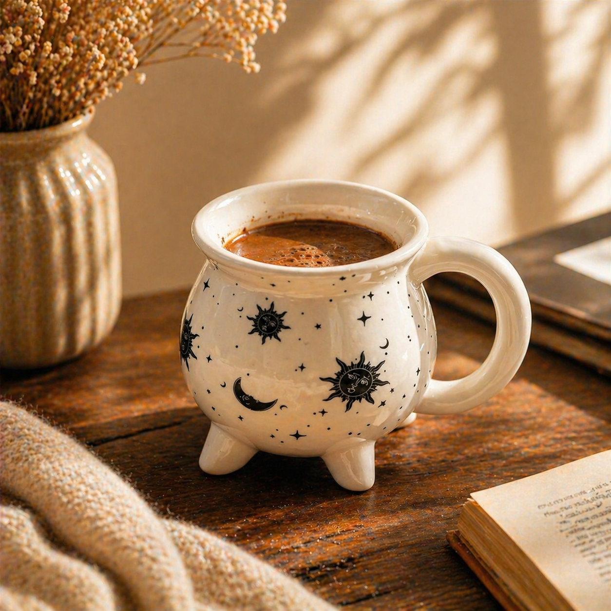 White mug with celestial designs filled with coffee on a wooden table.