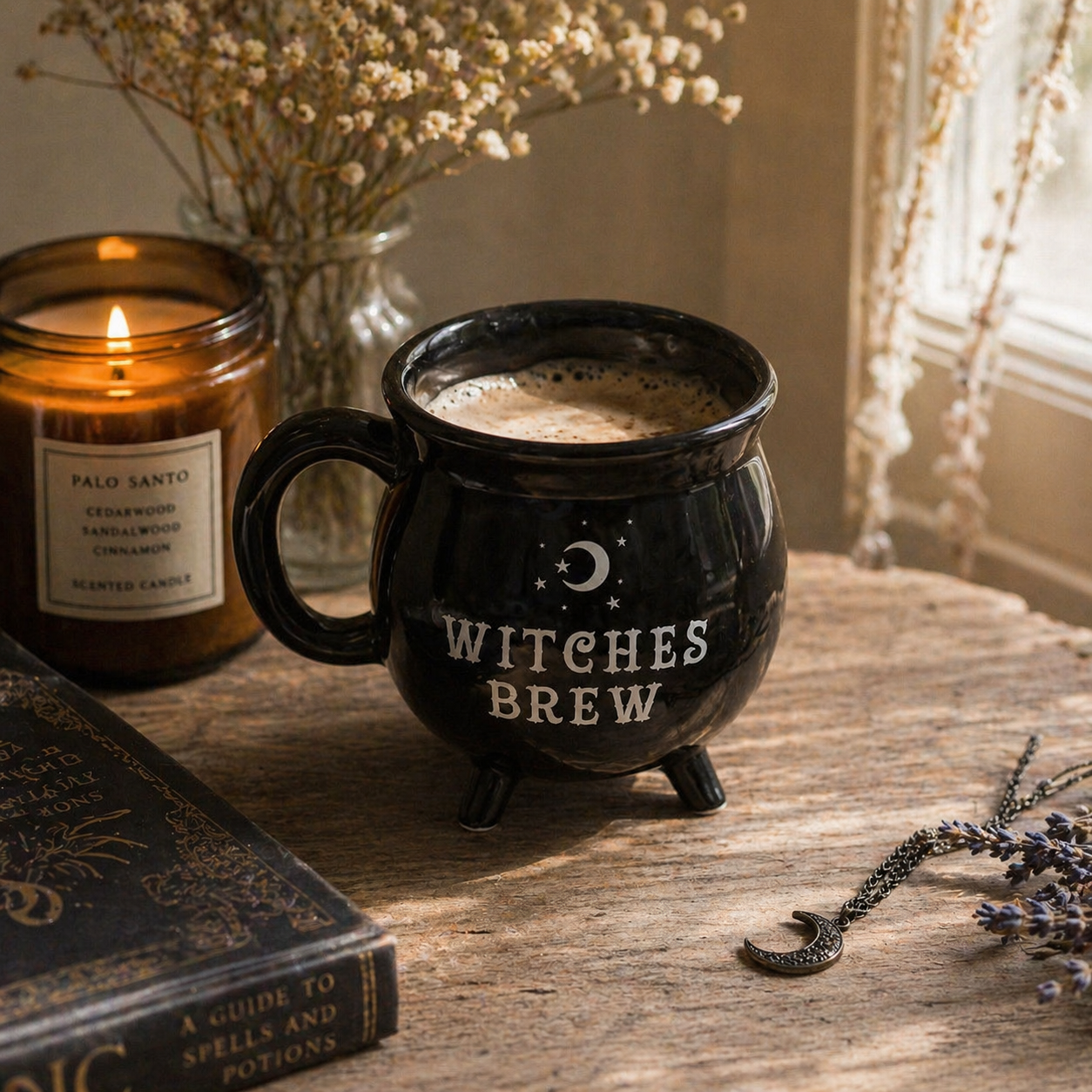 Black mug labeled 'Witches Brew' with a candle and books on a wooden surface