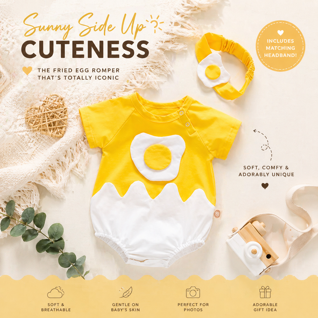 Short sleeved fried egg baby romper with details 