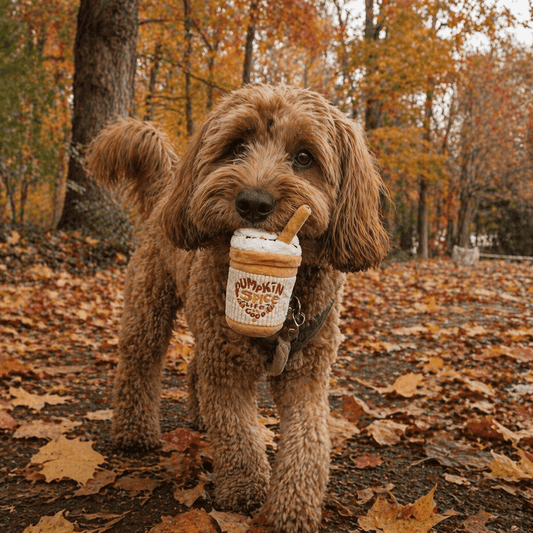 Dog holding pumpkin spice latte dog toy in its mouth