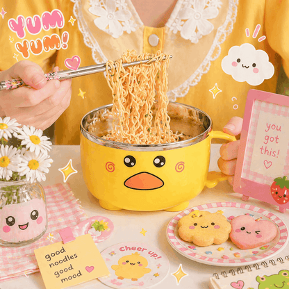 Person eating ramen from a yellow mug with a duck face design, surrounded by cute decor items.