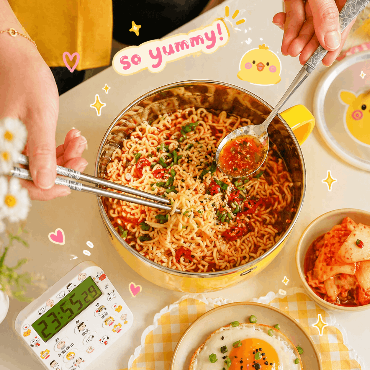 Hot bowl of noodles with a spoon and chopsticks, surrounded by various dishes and a timer on a light background.