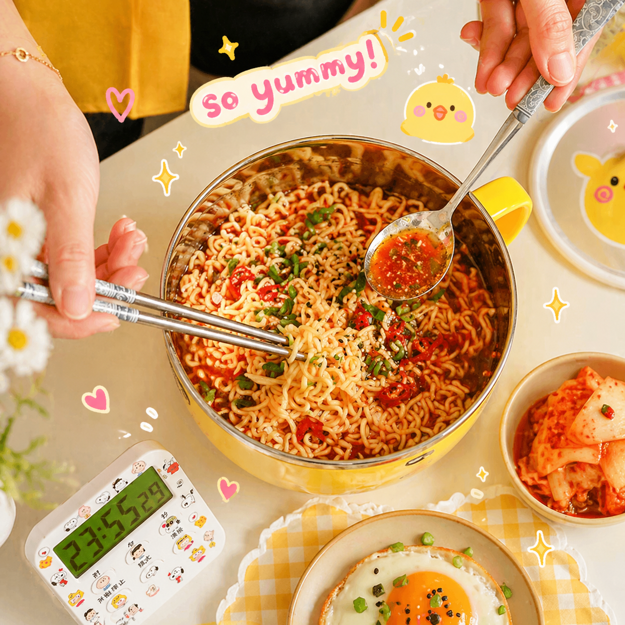 Hot bowl of noodles with a spoon and chopsticks, surrounded by various dishes and a timer on a light background.