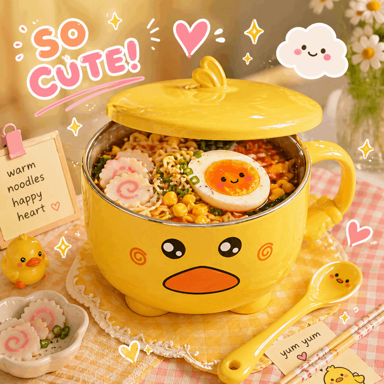 Yellow cartoon-style bowl with noodles, an egg, and a spoon on a checkered tablecloth.