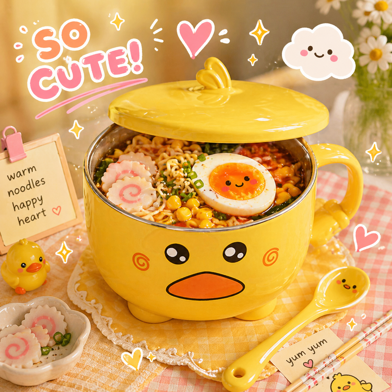 Yellow cartoon-style bowl with noodles, an egg, and a spoon on a checkered tablecloth.
