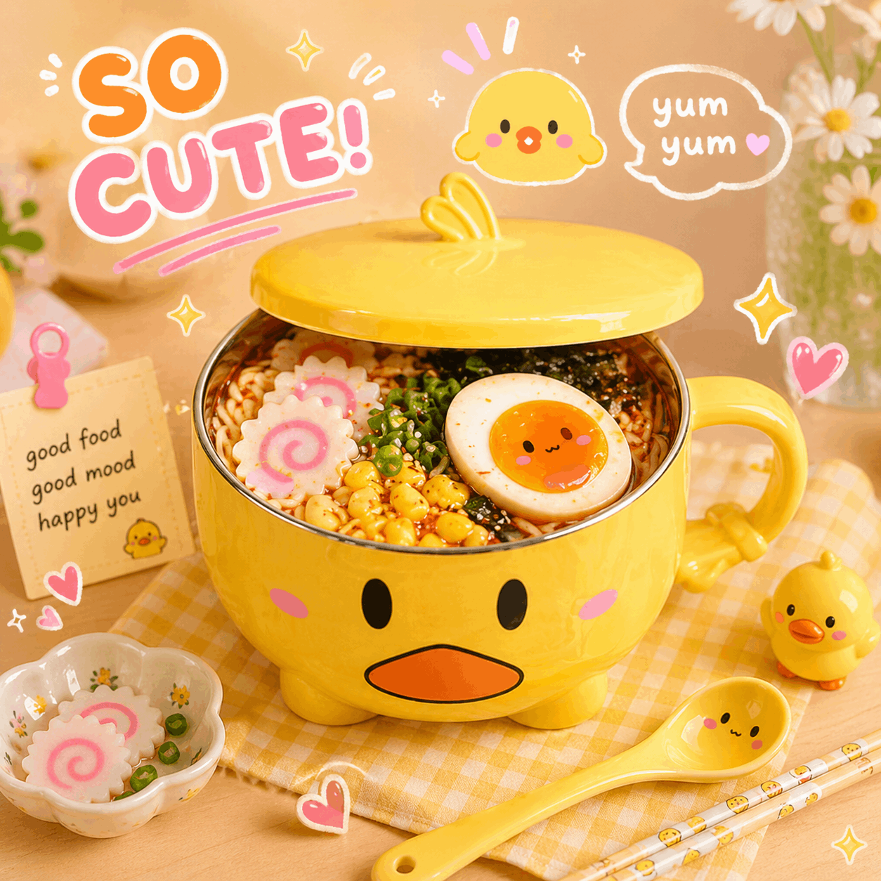 Yellow ceramic bowl with cartoon duck design filled with noodles, topped with a boiled egg, on a checkered tablecloth.