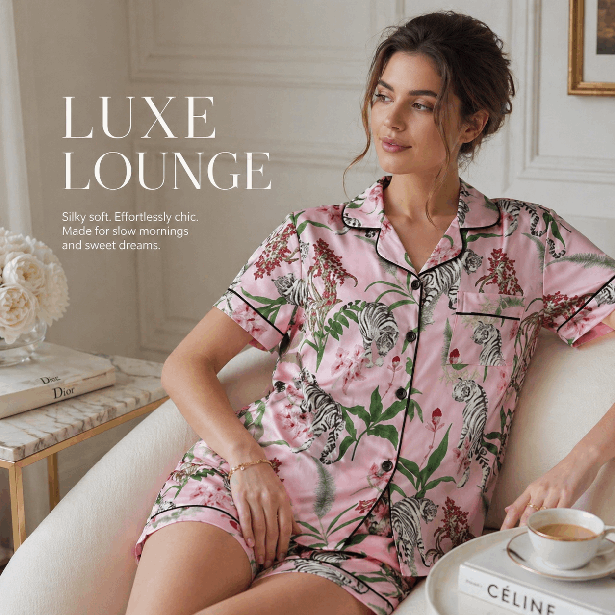 Woman wearing a pink pajama set with zebra print sitting on a couch with a coffee cup.