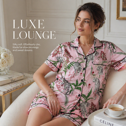 Woman wearing a pink pajama set with zebra print sitting on a couch with a coffee cup.