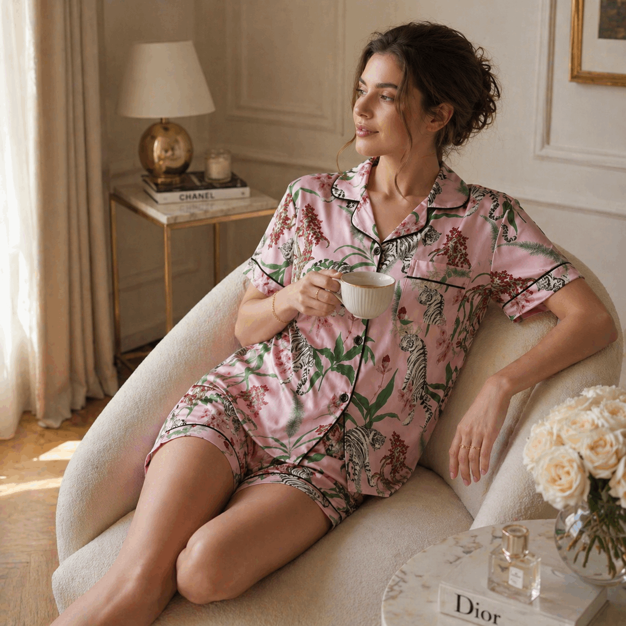 Woman in pink floral pajama set sitting on a couch holding a cup, with a Dior magazine and flowers in the background.