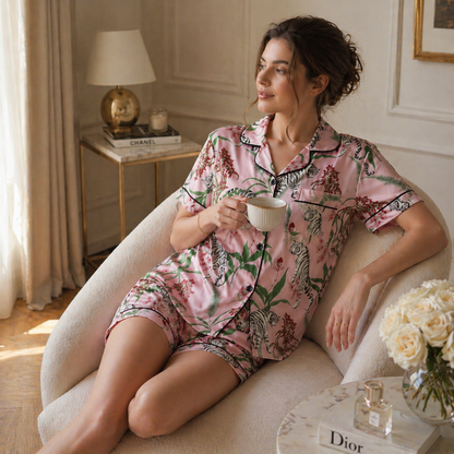 Woman in pink floral pajama set sitting on a couch holding a cup, with a Dior magazine and flowers in the background.