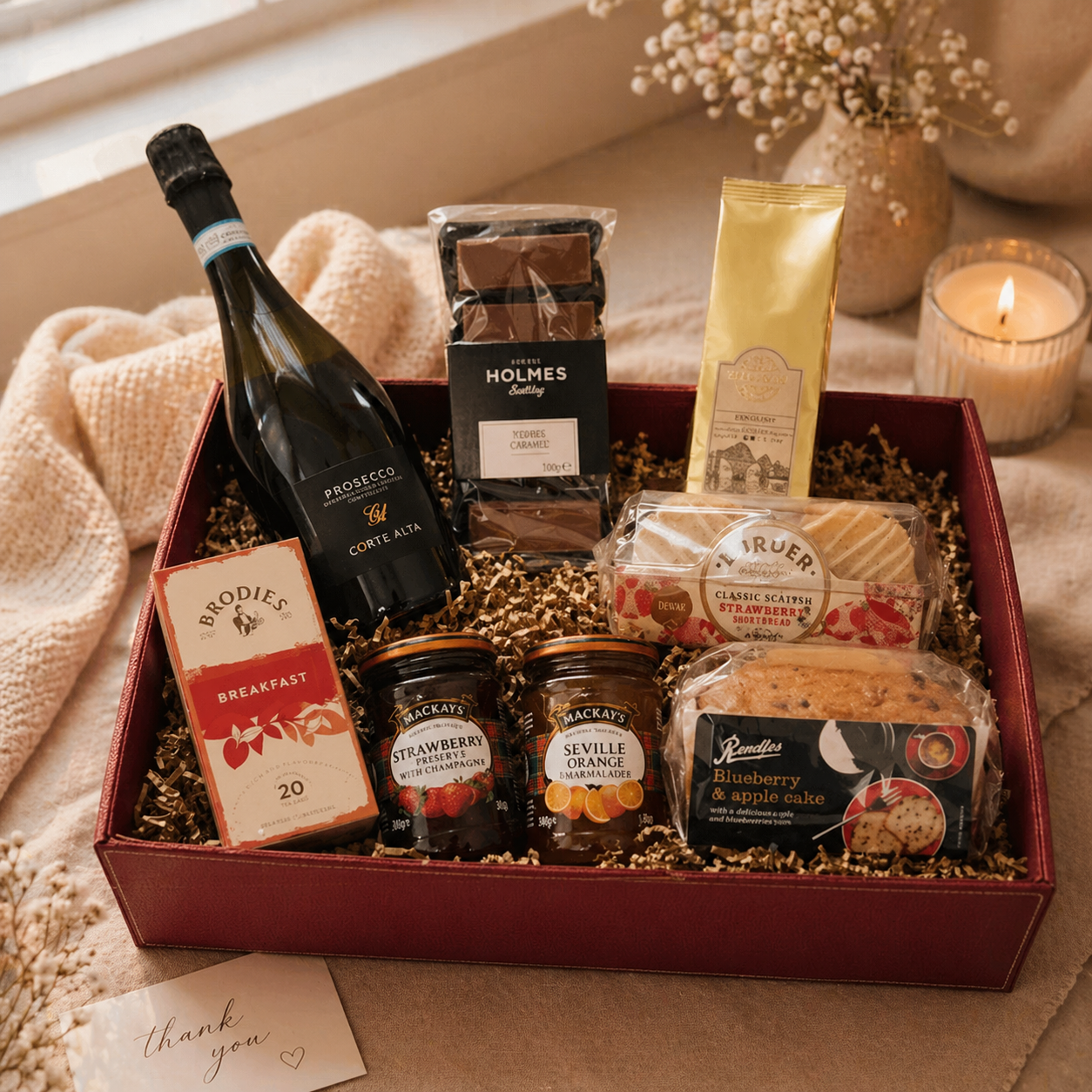 Gift basket with wine, snacks, and other treats on a soft surface with a candle in the background.