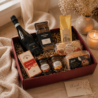 Gift basket with wine, snacks, and other treats on a table with a candle and card.