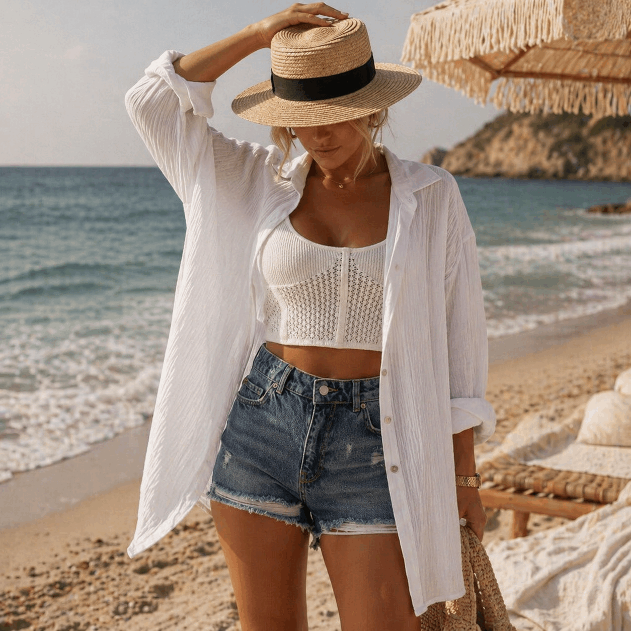 Woman on a beach wearing a white shirt, denim shorts, and a straw hat with a black band.