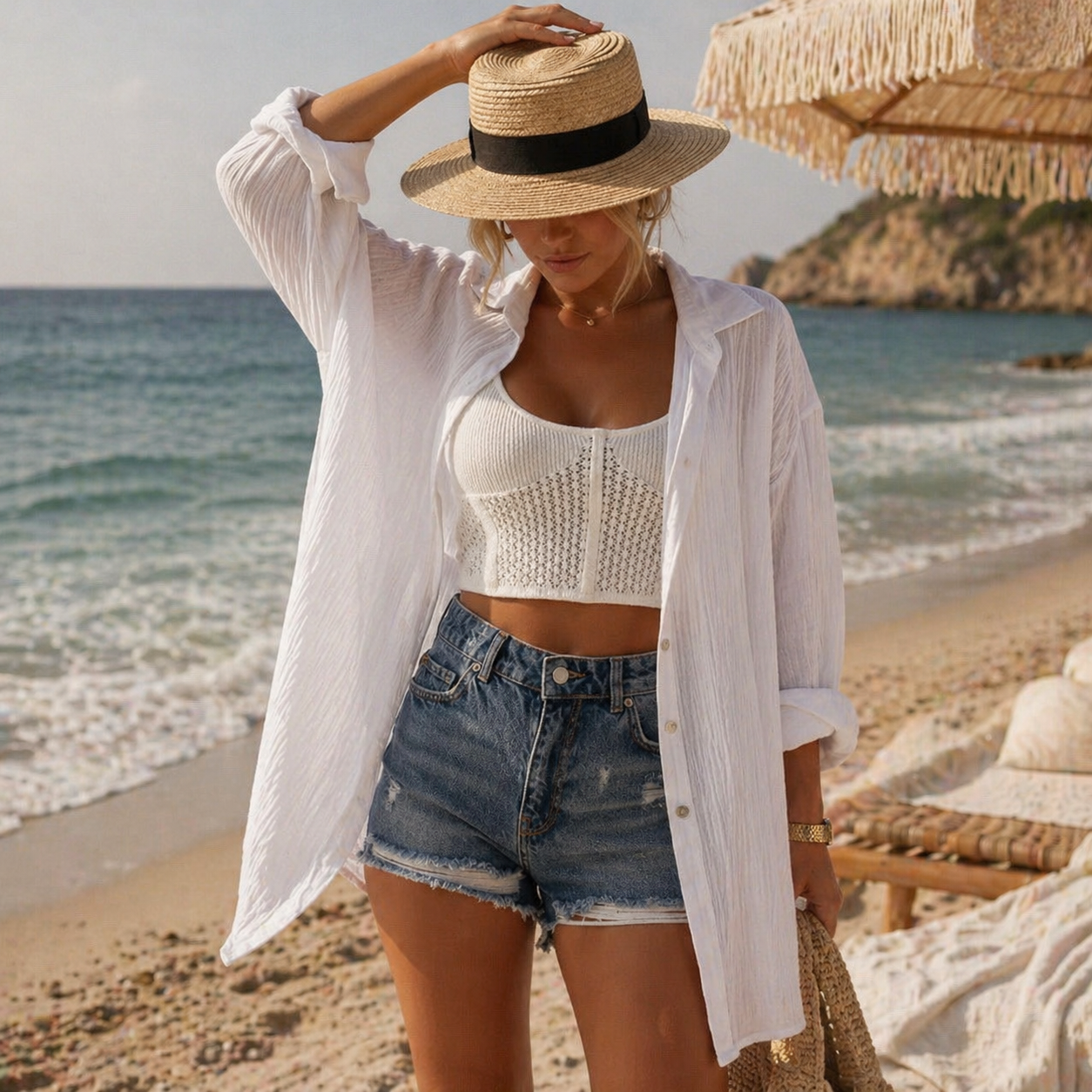 Woman on a beach wearing a white shirt, denim shorts, and a straw hat with a black band.