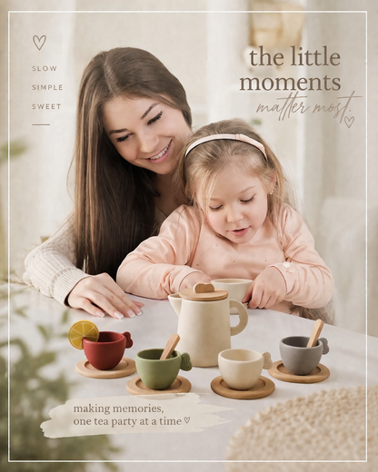 Woman and child at a tea party with text 'the little moments matter most' and 'making memories, one tea party at a time'.