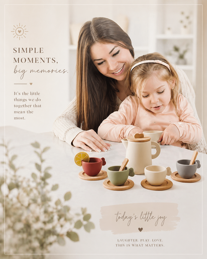 Woman and child playing with toy tea set on a table, surrounded by decorative elements.