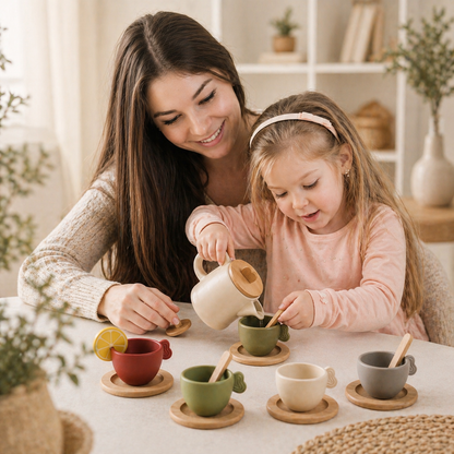 Woman and young girl playing with toy tea set on a table