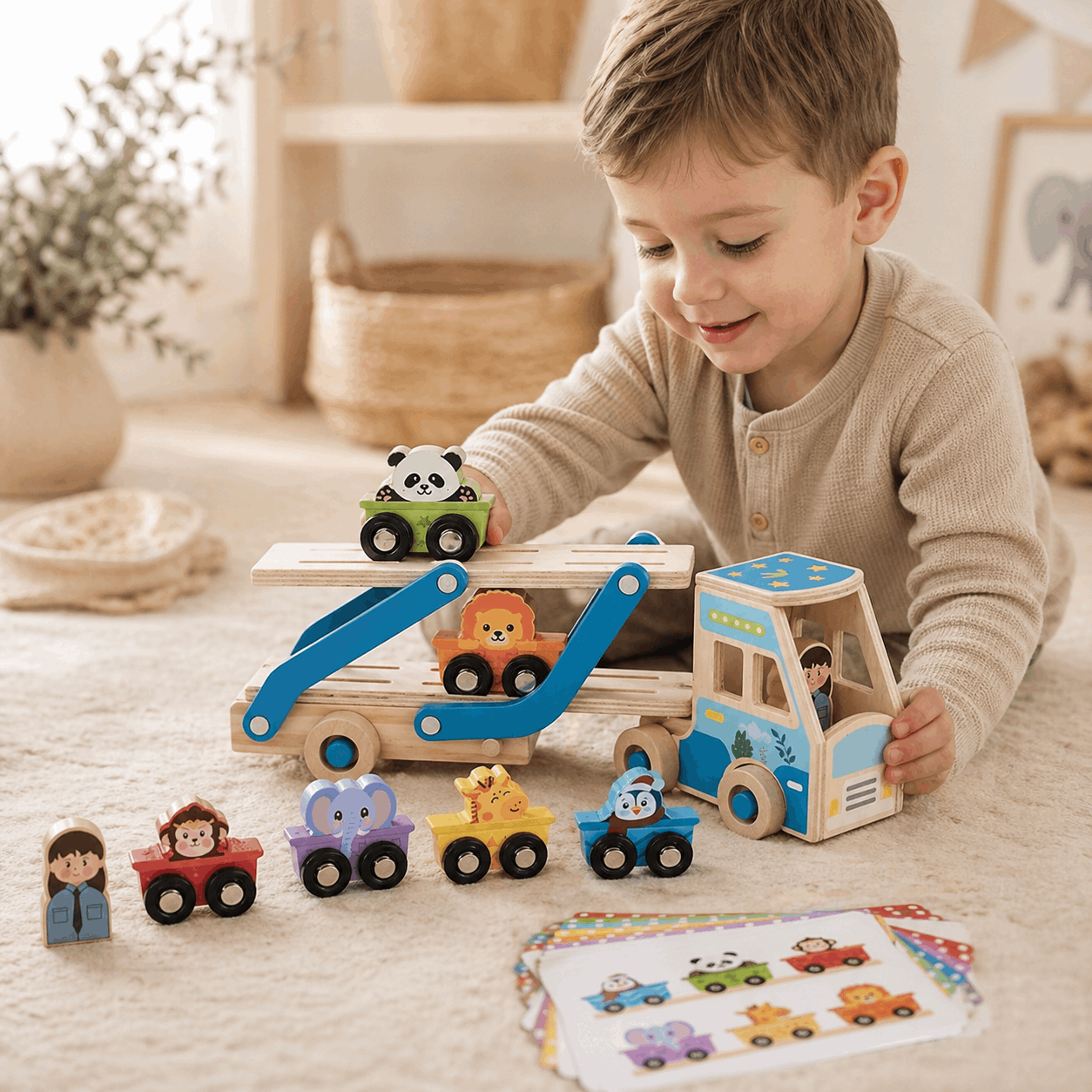 Child playing with wooden toy cars and trucks on a light-colored surface.