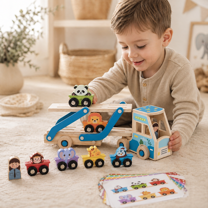 Child playing with wooden toy cars and trucks on a light-colored surface.