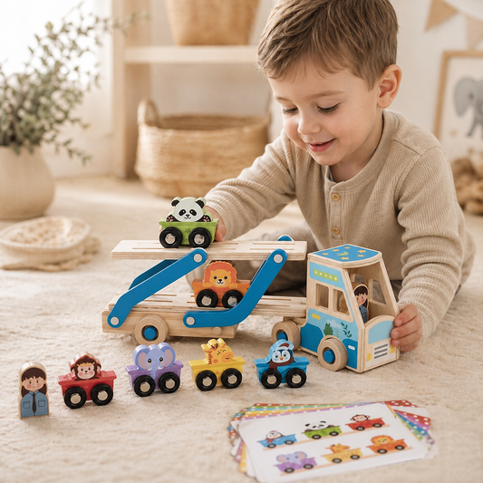 Child playing with wooden toy cars and trucks on a light-colored surface.