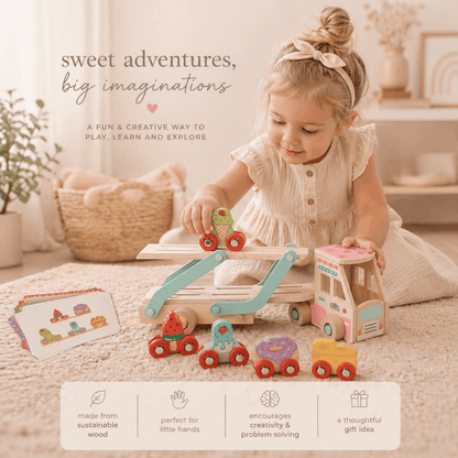 Child playing with wooden toys in a cozy room with text about the toys' benefits.