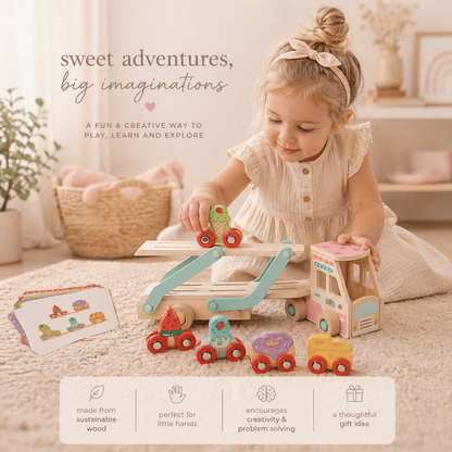 Child playing with wooden toys in a cozy room with text about the toys' benefits.