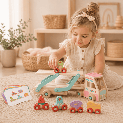 Child playing with wooden toy cars and a pull along vehicle in a cozy room.